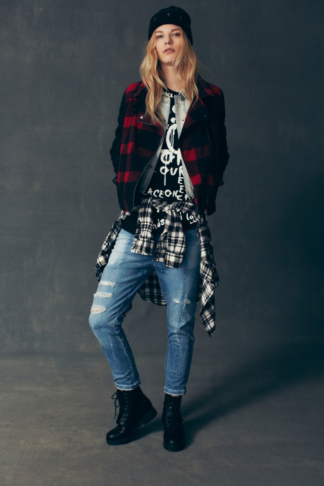 Beanie €3, PU Sleeve Check Jacket €29, Denim Gilet €15, Print T-Shirt €6, Check Shirt €13, Jeans €15, Boots €20 In Stores from July