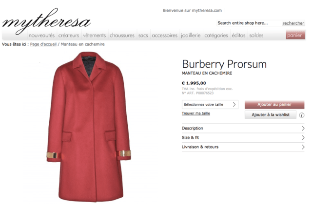 Burberry Prorsum Automne 2013-Manteau en cachemire rouge avec empiècements de métal doré