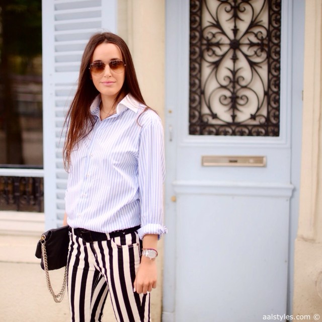 Look black and white pants-Pantalon à lignes x chemise à lignes-Blogueurs mode Belgique-1